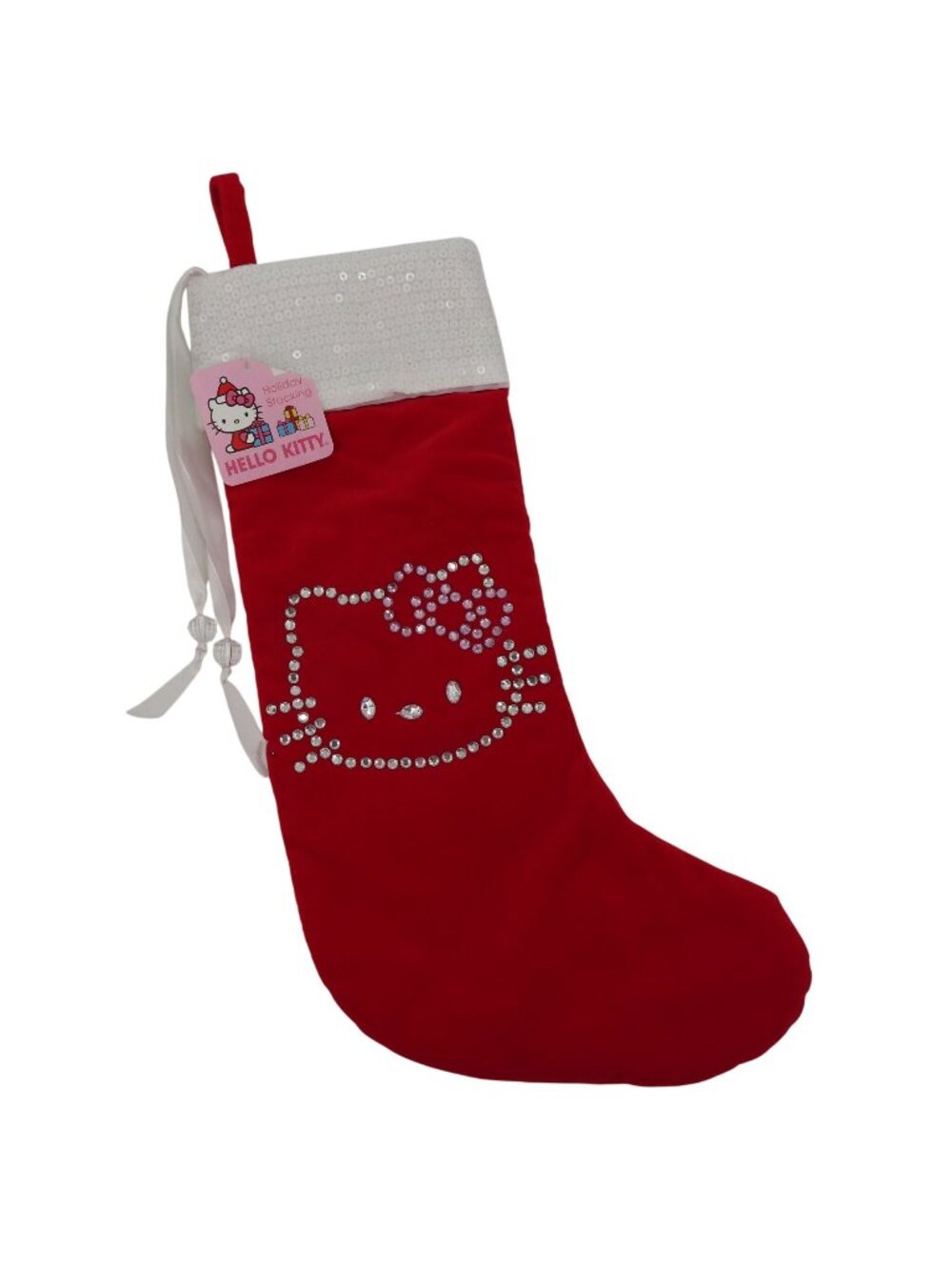 Sanrio Hello Kitty Red Velvet White Sequin Rhinestones Christmas Stocking NEW